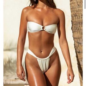 Strapless Cream Bandeau Bikini Set with Ring Detail